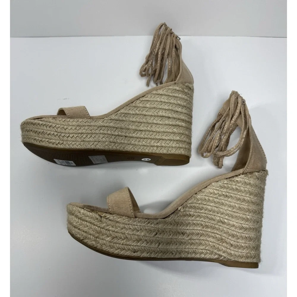 Beige Fringe Espadrille Wedge Sandals Zipper Ankle Strap Fabric Women Size 8